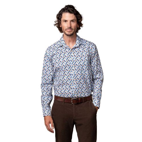 Rembrandt Sinatra White Blue & Beige Geo Print Shirt